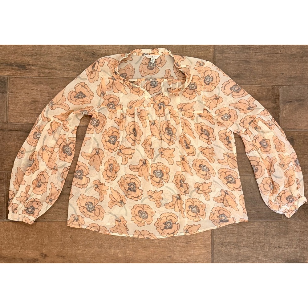 Lucky Brand Sheer Floral Ruffle V-Neck Balloon‎ Sleeve